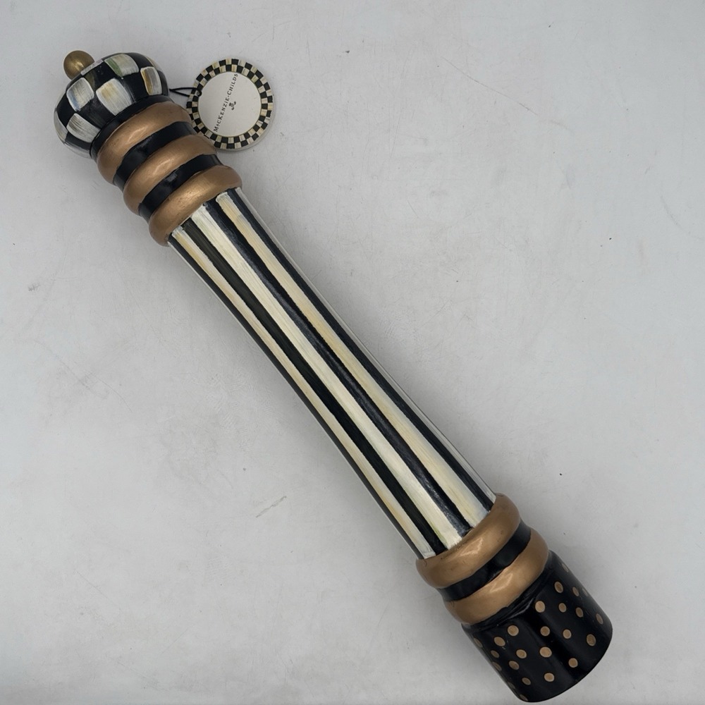 RARE Mackenzie Childs COURTLY CHECK WOOD PEPPER MILL GRINDER 16 1/2" Tall NWT